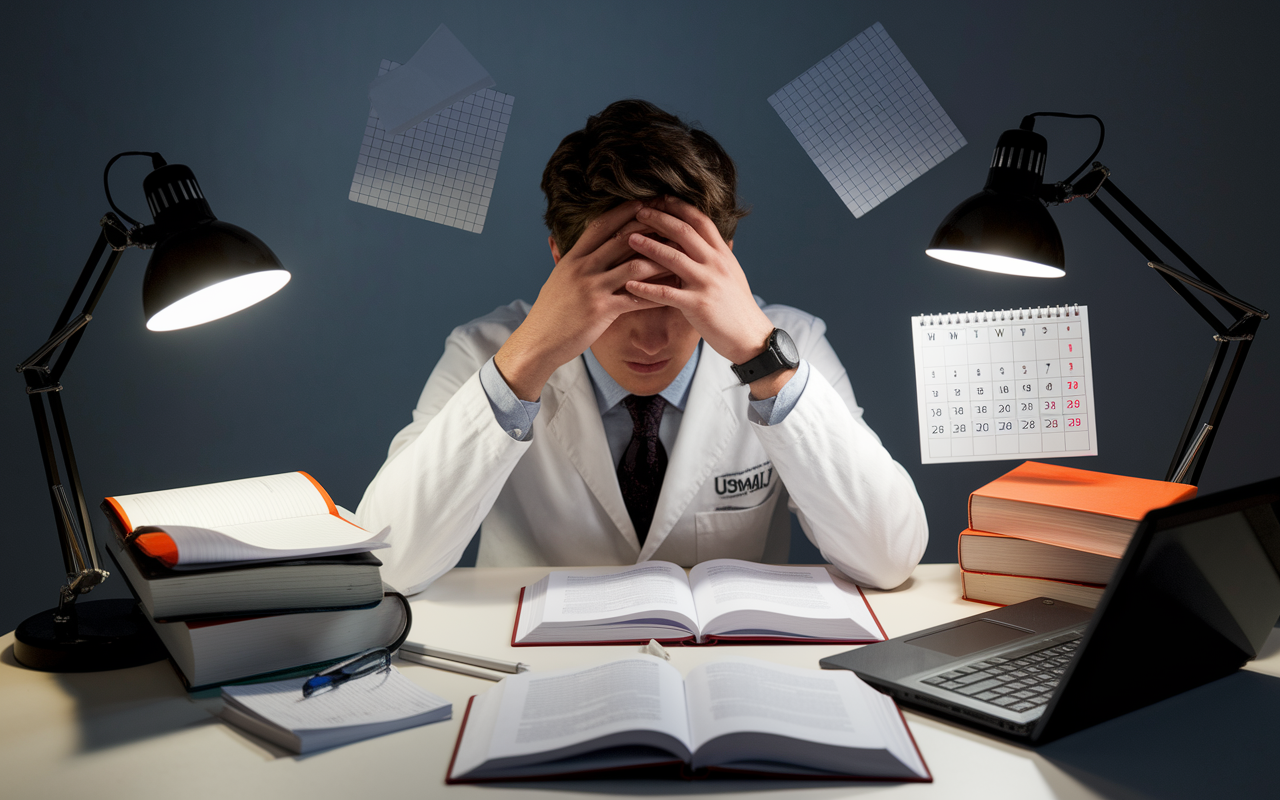 A stressed medical student at a desk, surrounded by USMLE study materials: books, flashcards, and a laptop displaying practice questions. The atmosphere conveys pressure and determination, with a calendar marked with study deadlines. The scene is illuminated by a single desk lamp, emphasizing the student's focus on conquering the challenge.