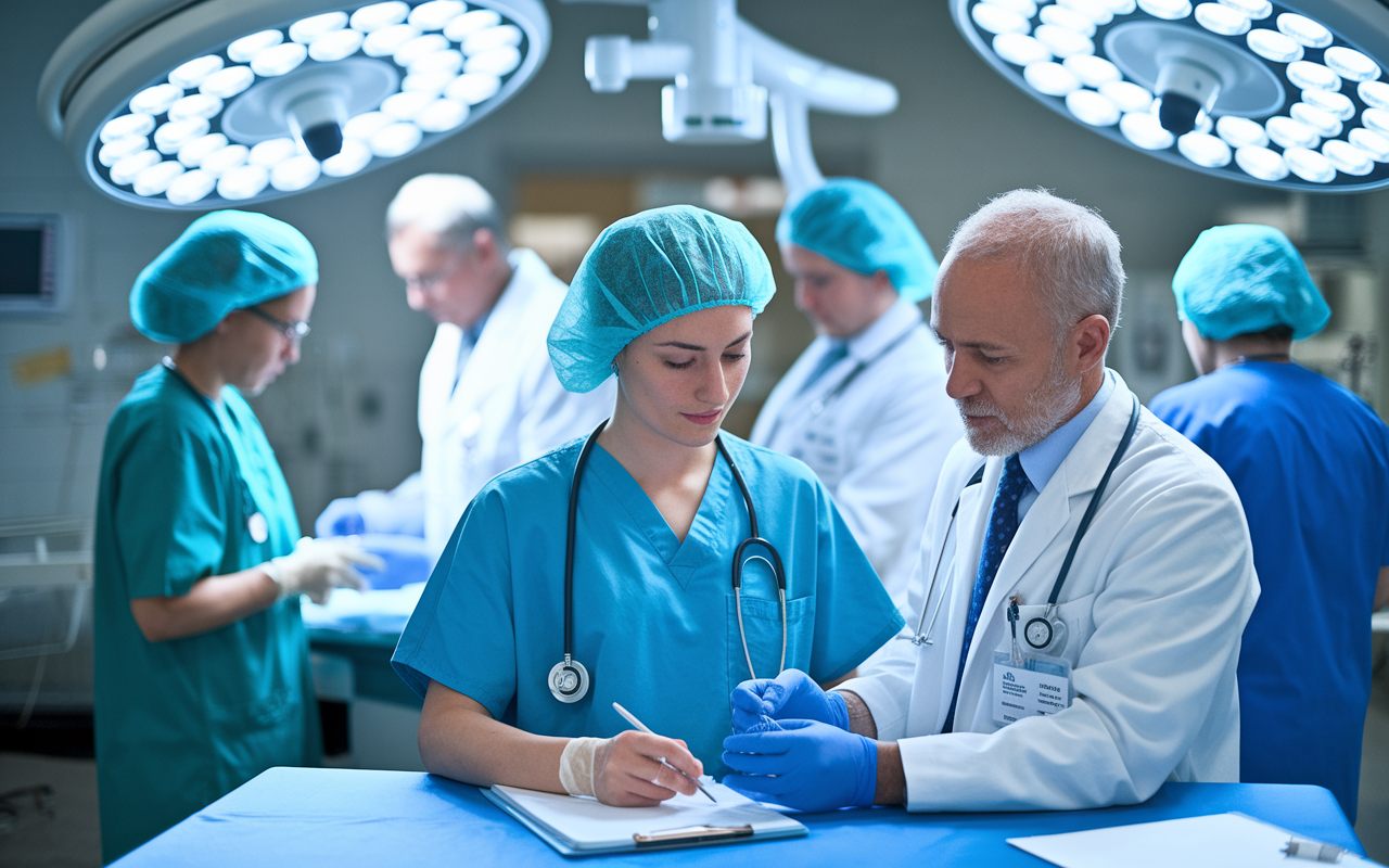 A dynamic scene in a hospital where a medical student actively engages in clinical work, observing procedures with senior physicians. The background shows various medical professionals in action, highlighting teamwork and education. Bright, clinical lights create a vibrant atmosphere, signifying a learning environment.