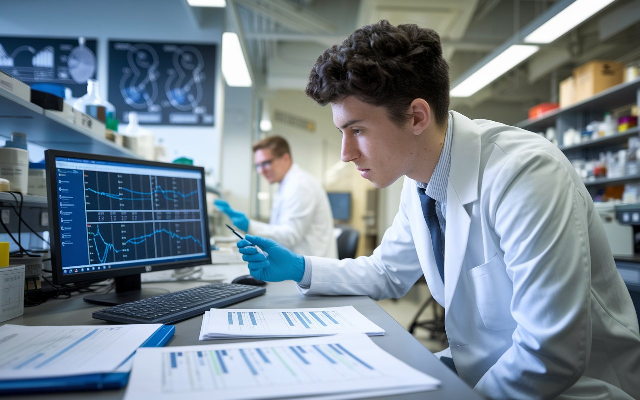 A focused medical student in a lab setting, pouring over research data displayed on a computer screen, surrounded by laboratory equipment and research papers. The atmosphere is one of excitement and discovery, with diagrams and charts on the walls reflecting active participation in medical advancements.