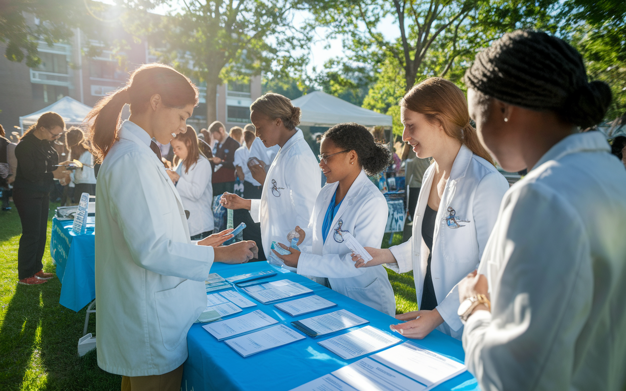 A vibrant outdoor scene at a community health fair where medical students are actively engaging with the public, providing health screenings, and organizing educational booths. The atmosphere is lively and positive, showcasing teamwork and a commitment to community service under bright sunlight.