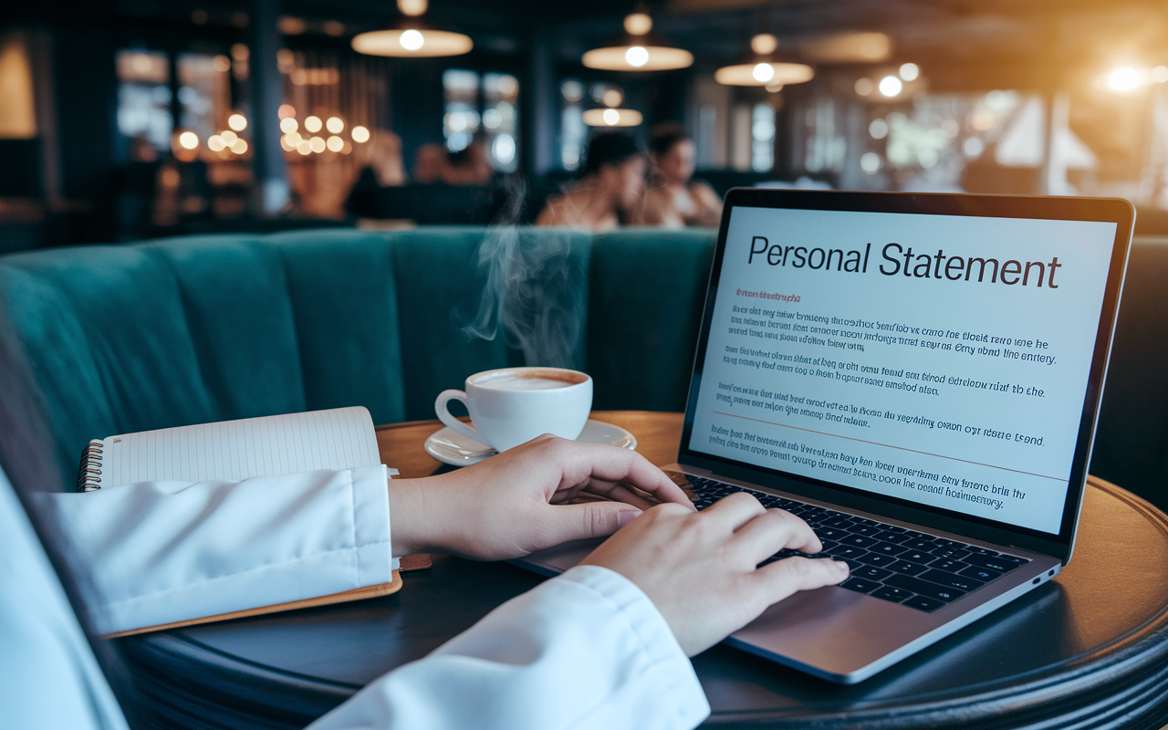 A close-up of a medical student's hands typing their personal statement on a laptop in a cozy café. The screen shows a partially written essay with highlighted sections. An open notebook filled with notes and a steaming cup of coffee are next to the laptop, set against a warm, inviting atmosphere with soft lighting and background chatter.