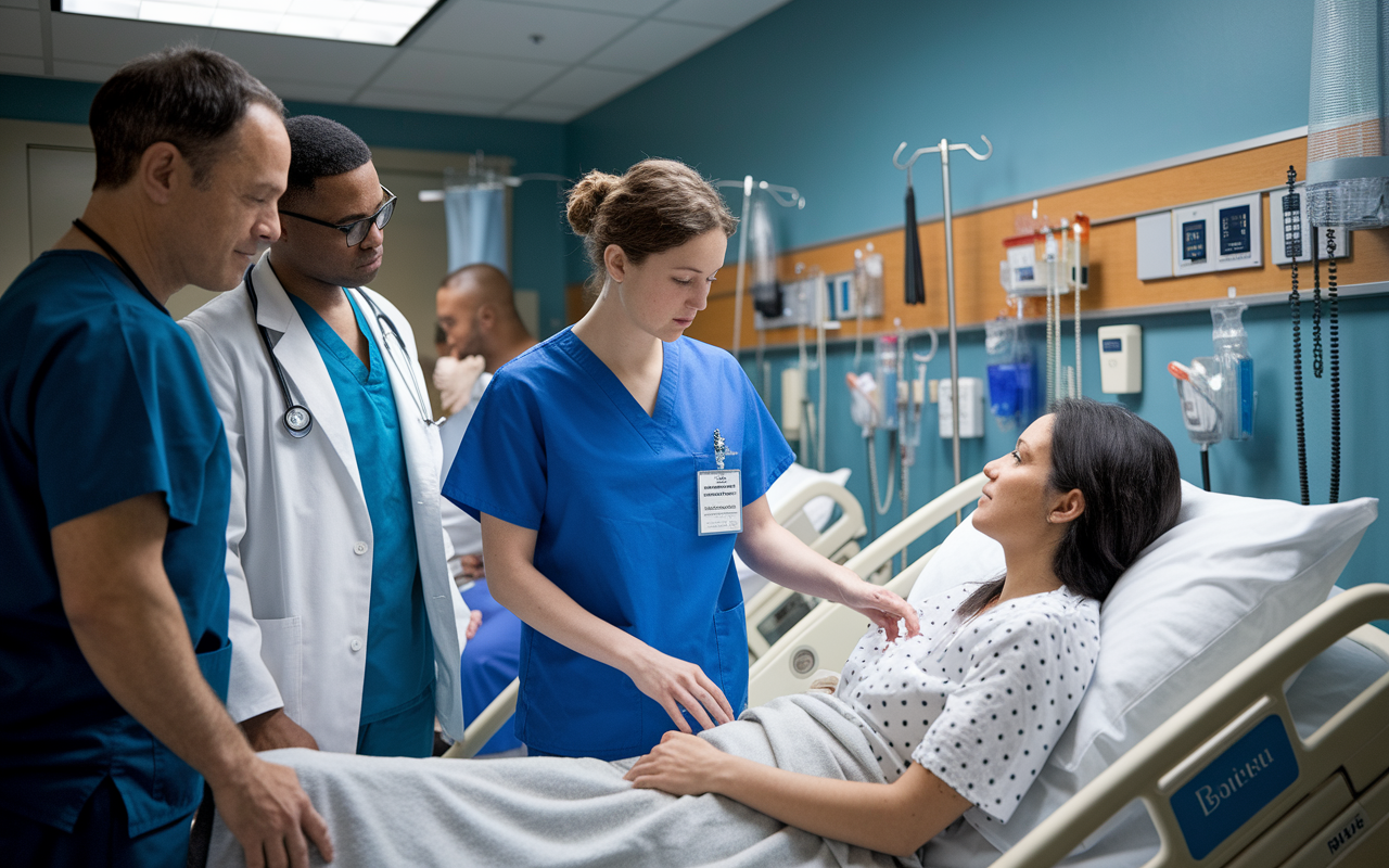 A medical student in scrubs actively participating in a patient care scenario in a hospital ward. They're discussing treatment with a nurse while attending physicians observe. The scene balances professionalism and compassion, with medical charts, equipment, and genuine interactions, capturing the essence of learning and teamwork.