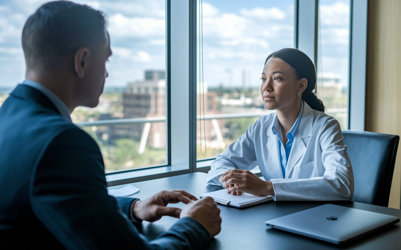 A medical student sitting at a table across from a mentor in a formal setting, practicing for residency interviews. The atmosphere is professional yet supportive, with notes and a laptop on the table. A large window offers natural light, enhancing the focus and determination on the student's face.