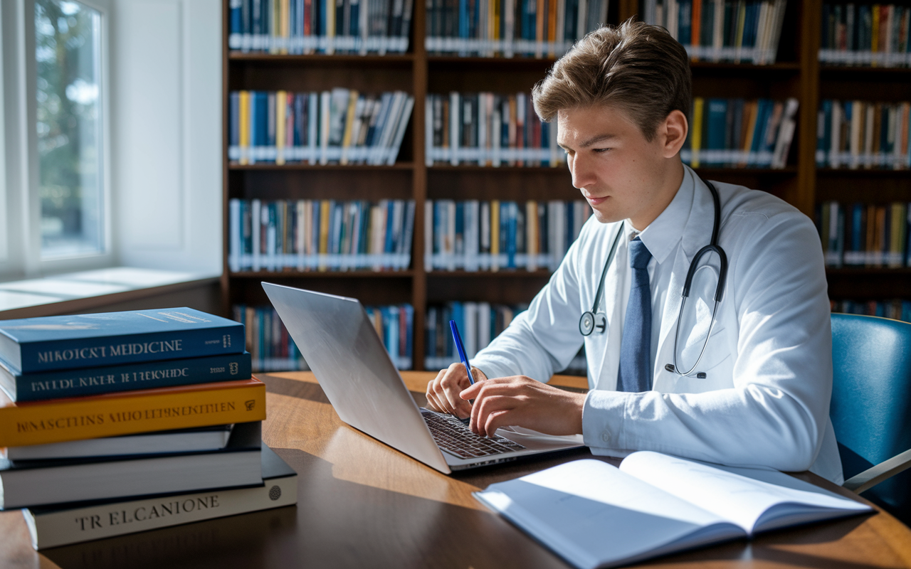 A young medical student sitting in a quiet library, deeply engrossed in drafting their personal statement on a laptop. The student's face displays a mix of concentration and inspiration. Books about medicine and famous medical professionals are stacked neatly around them. Natural light pours in through a window, illuminating the scene and casting soft shadows on the wooden table, enhancing the warm atmosphere of scholarly pursuit.