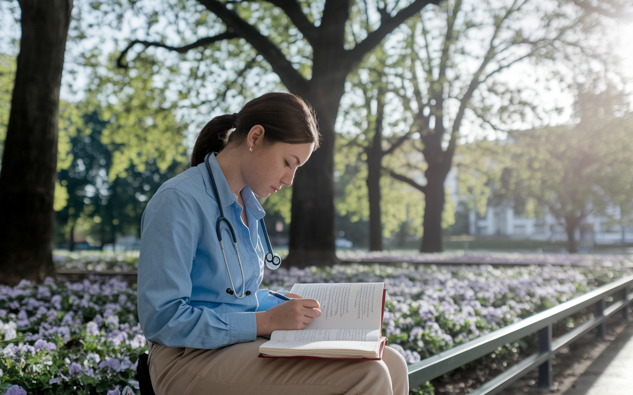 A contemplative medical student reflecting on their journey in a serene park, surrounded by blooming flowers and tall trees. The student, dressed in casual clothing, is sitting on a bench while holding a medical textbook and a journal filled with handwritten notes. A gentle breeze rustles the leaves, creating a peaceful atmosphere as sunlight filters through the branches, symbolizing hope and inspiration.