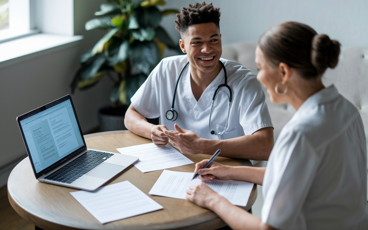 An enthusiastic medical student sitting at a round table with a mentor, engaged in an in-depth discussion about their personal statement. A laptop is open in front of them showing a draft. They both have papers with notes and edits. The ambiance is bright and collaborative, creating an empowering environment for feedback and growth, symbolizing the importance of mentorship in the medical journey.