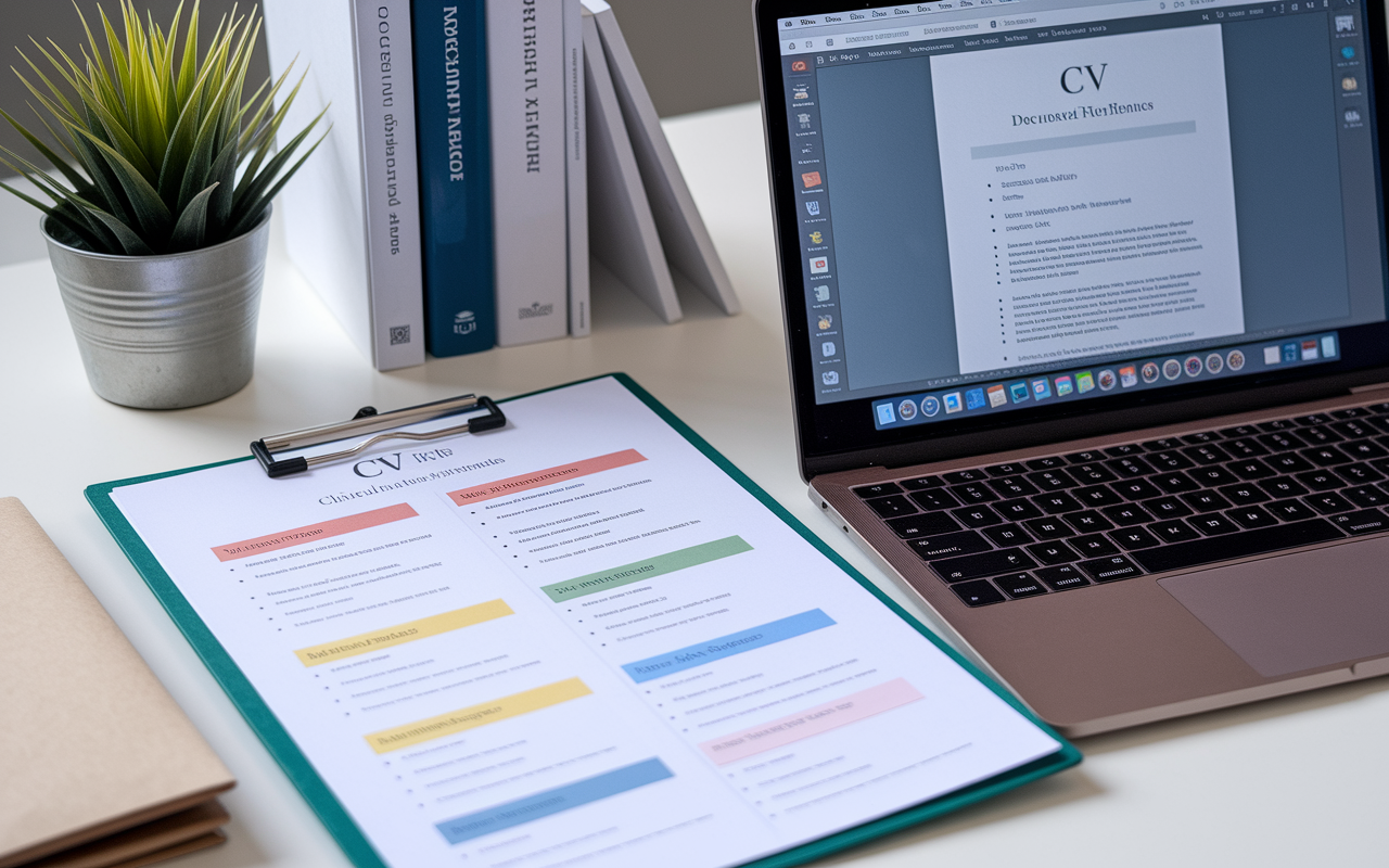 A well-organized CV laid out on a desk, with highlighted sections showcasing clinical experiences and awards. Beside it, a laptop displays a document editor featuring a carefully formatted CV. A plant and a few medical references books are in the background, symbolizing an organized and professional approach to crafting a strong application.