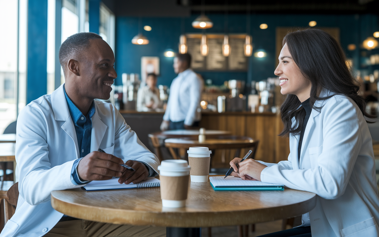 A medical student meeting informally with a mentor in a coffee shop, discussing plans for letters of recommendation. The table is filled with coffee cups and notebooks. Both individuals are engaged in a lively conversation, conveying warmth and professional support, emphasizing the importance of communication in building relationships for strong recommendations.