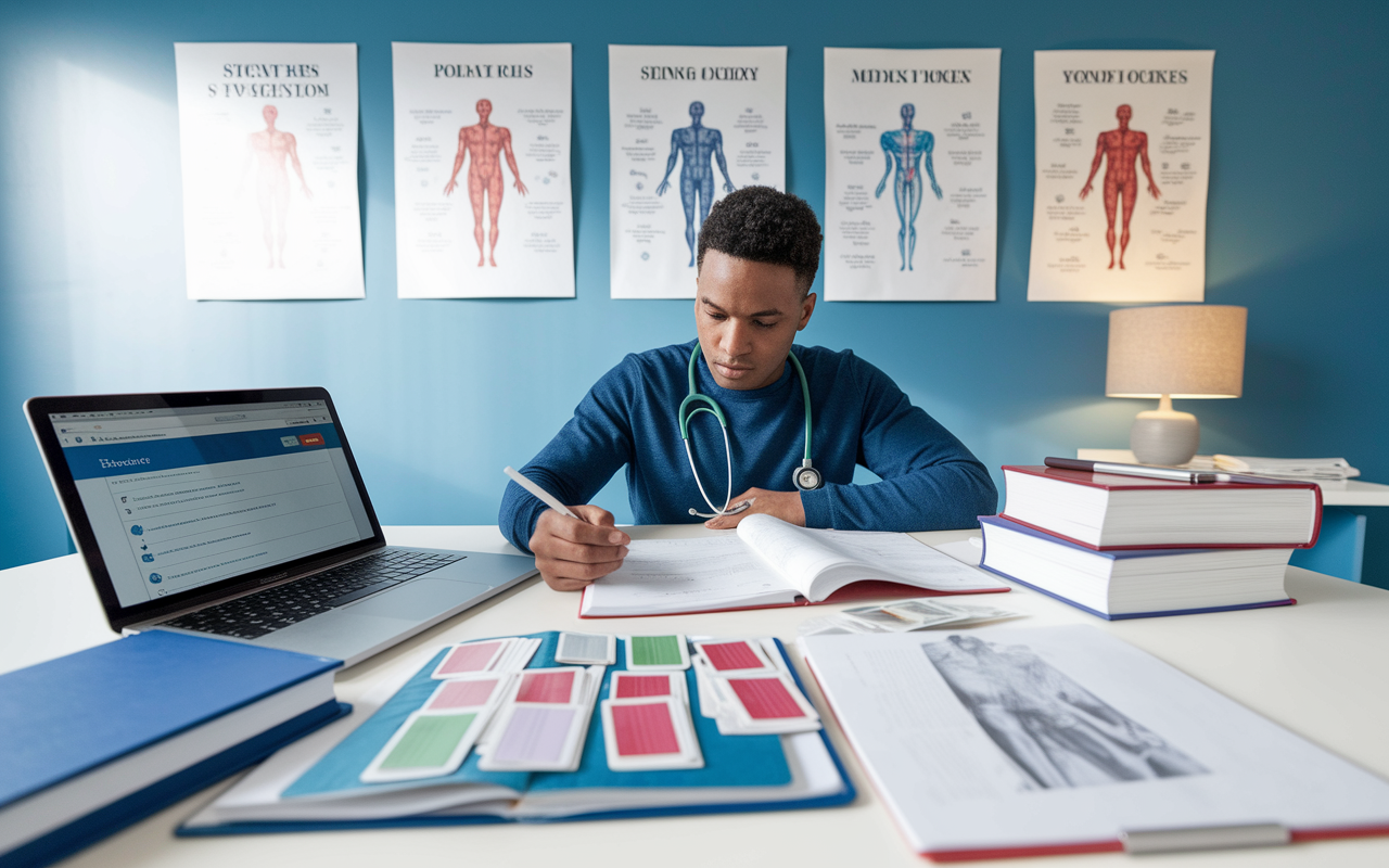 An organized study area with medical review books, flashcards, and a laptop open to an online practice exam platform. A dedicated student sits at a study desk, poring over materials with a focused expression, surrounded by posters of key medical concepts. The lighting is bright, enhancing the atmosphere of motivation and diligence.