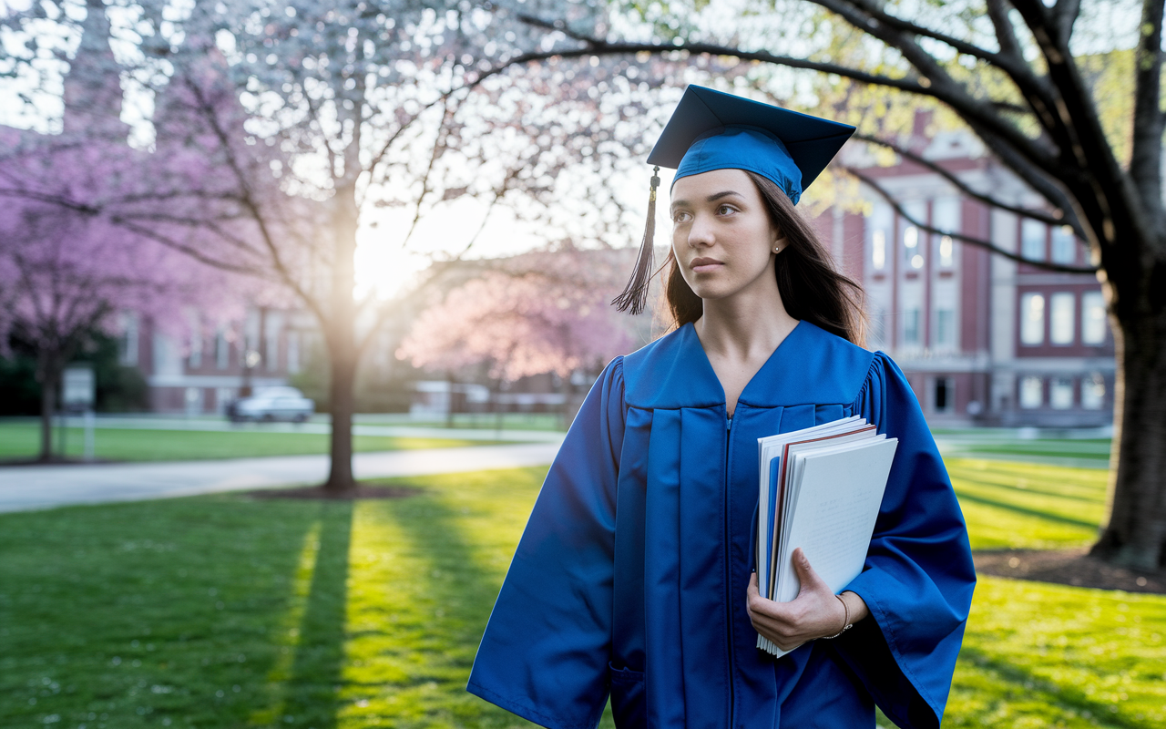 A cinematic view of a medical graduate walking across a campus filled with blossoming trees and historic buildings, carrying a stack of application materials in hand. The sun setting in the background, creating a golden-hour glow that symbolizes hope and a promising future. The graduate's face shows determination as they head toward their aspirations in the medical field.