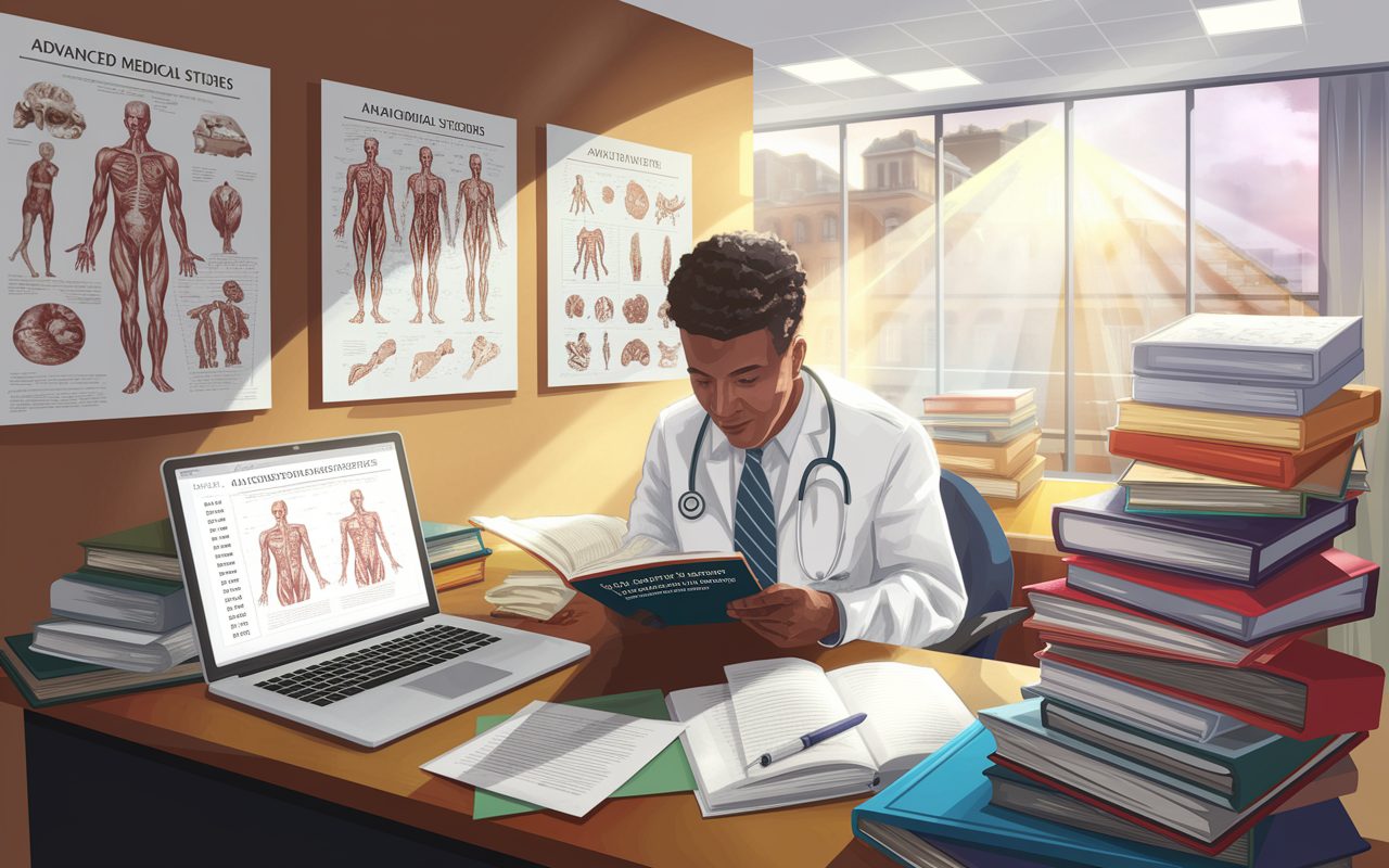 An academic setting featuring a bright and organized study space, with a medical student examining a textbook titled 'Advanced Medical Studies.' High-quality academic posters depicting anatomical illustrations are affixed to the walls. A desk is cluttered with medical books, neatly arranged notes, and a laptop displaying a competitive test score. The atmosphere radiates dedication and focus, with sunbeams highlighting the student's concentration, creating a sense of purpose and diligence. Digital painting style with vibrant colors.