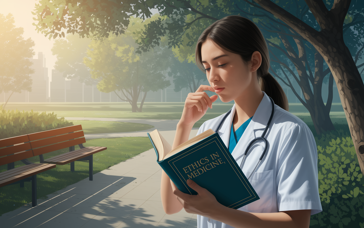 A thoughtful medical student reflecting on an ethical dilemma in a quiet, serene environment, perhaps a park or a calm study room. She holds a book titled 'Ethics in Medicine,' with soft daylight illuminating the space, symbolizing introspection and moral fortitude. The setting highlights the importance of integrity and ethical standards in medical practice. Realistic illustration style displaying contemplative emotions.