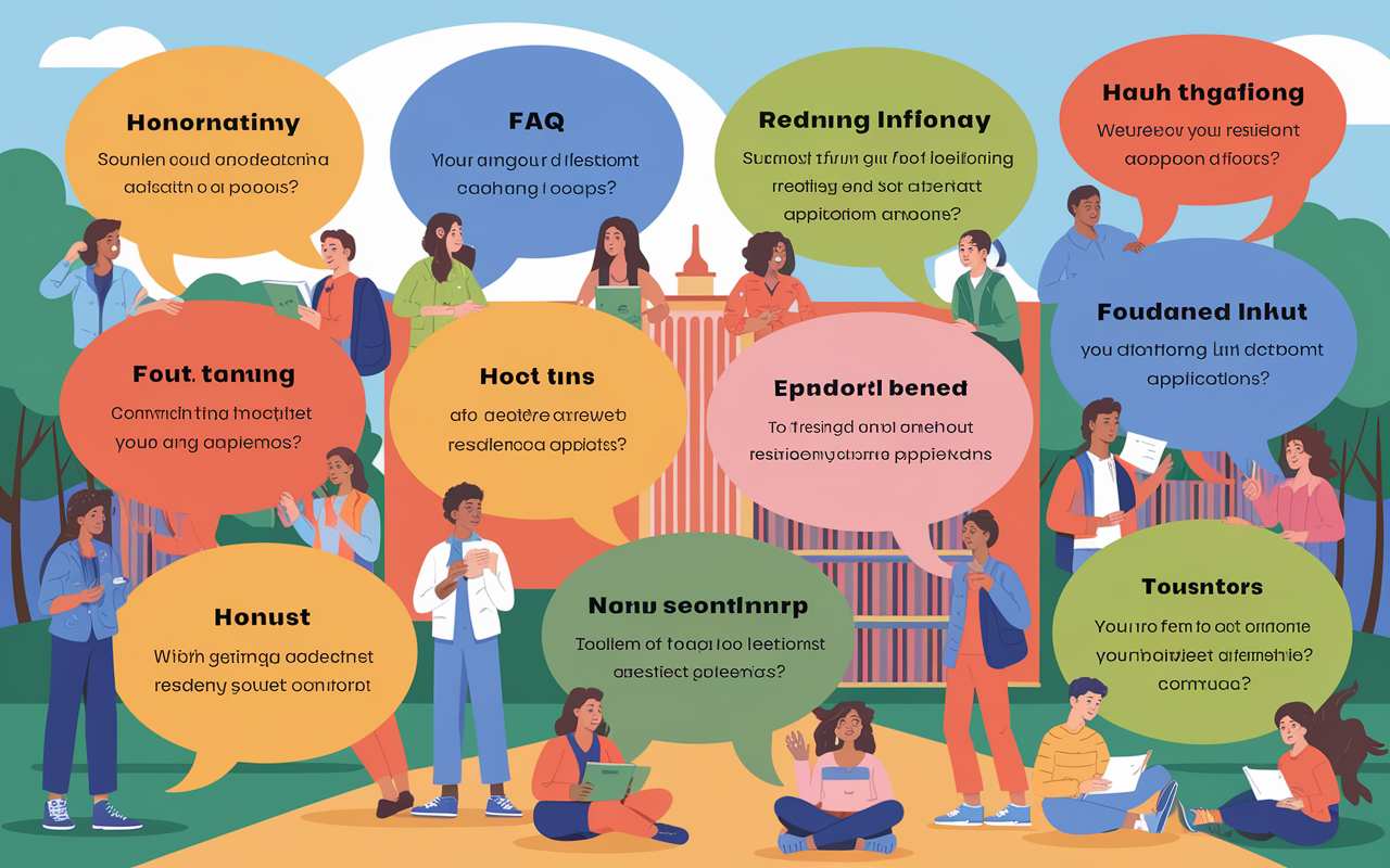 A student-friendly visual displaying an FAQ format with light and engaging elements. Each question is presented in colorful speech bubbles, set against a backdrop of a vibrant campus or library. Students are shown interacting with the material, actively seeking information about residency applications. The atmosphere is encouraging and informative, fostering a sense of community and support among future applicants. Artistic style with bright colors and friendly illustrations.