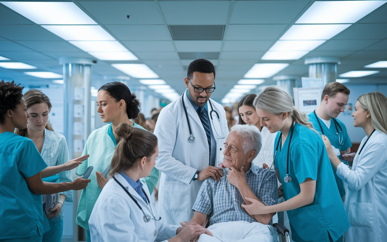 A dynamic hospital scene with a diverse group of medical students interacting with patients in a bustling clinical environment. The focal point is a student gently examining an elderly patient while a physician supervises. Bright overhead lights illuminate the area, and medical charts and equipment are visible, enhancing the realism. The background includes other students engaged in various patient care activities, highlighting teamwork and learning in a clinical setting. Realistic style showcasing human emotions and collaborative spirit.