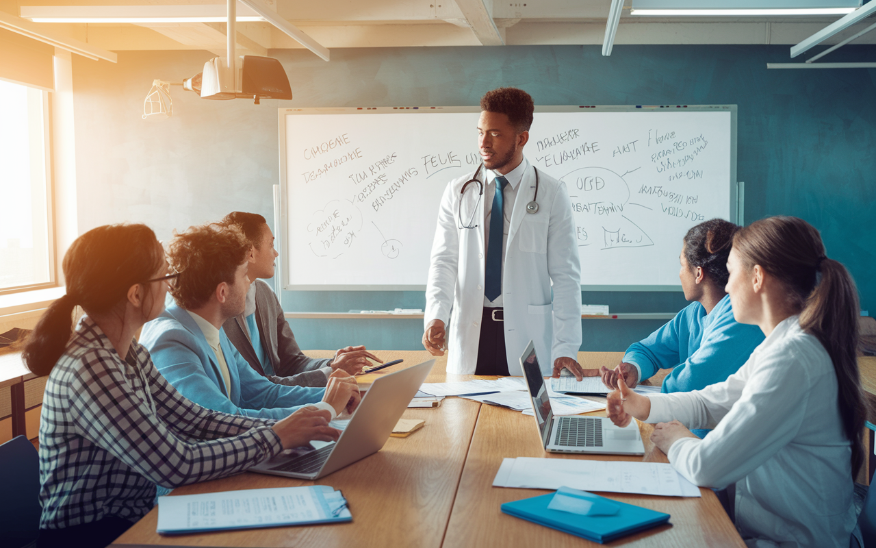 A charismatic medical student leading a group meeting in a softly lit university classroom. Around a rectangular table, peers are engaged in discussion, with papers and laptops scattered about. The leader stands, poised and confident, with a whiteboard in the background offering brainstorming ideas and notes. The ambiance conveys motivation and teamwork, showcasing the importance of leadership in medicine. Artistic style with emphasis on warm colors and expressions of collaboration.