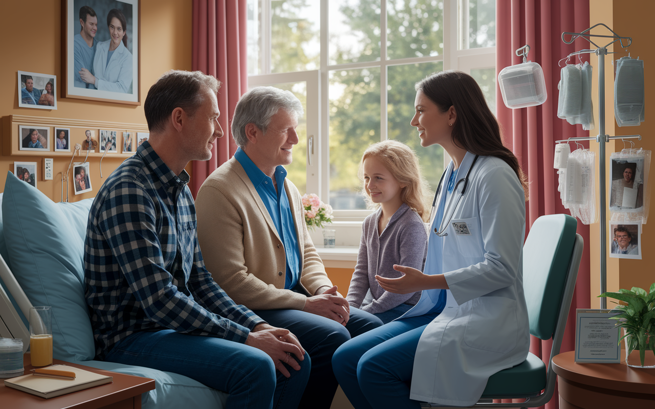 Intimate scene of a medical student conversing with a family in a cozy hospital room, filled with soft lighting. The atmosphere is warm, characterized by genuine emotional connections where the student listens empathetically to the patient's concerns. Photographs of the family adorn the walls, adding a personal touch. The student's compassionate demeanor is highlighted, illustrating the essence of effective communication in healthcare. Realistic illustration style focusing on human interaction.