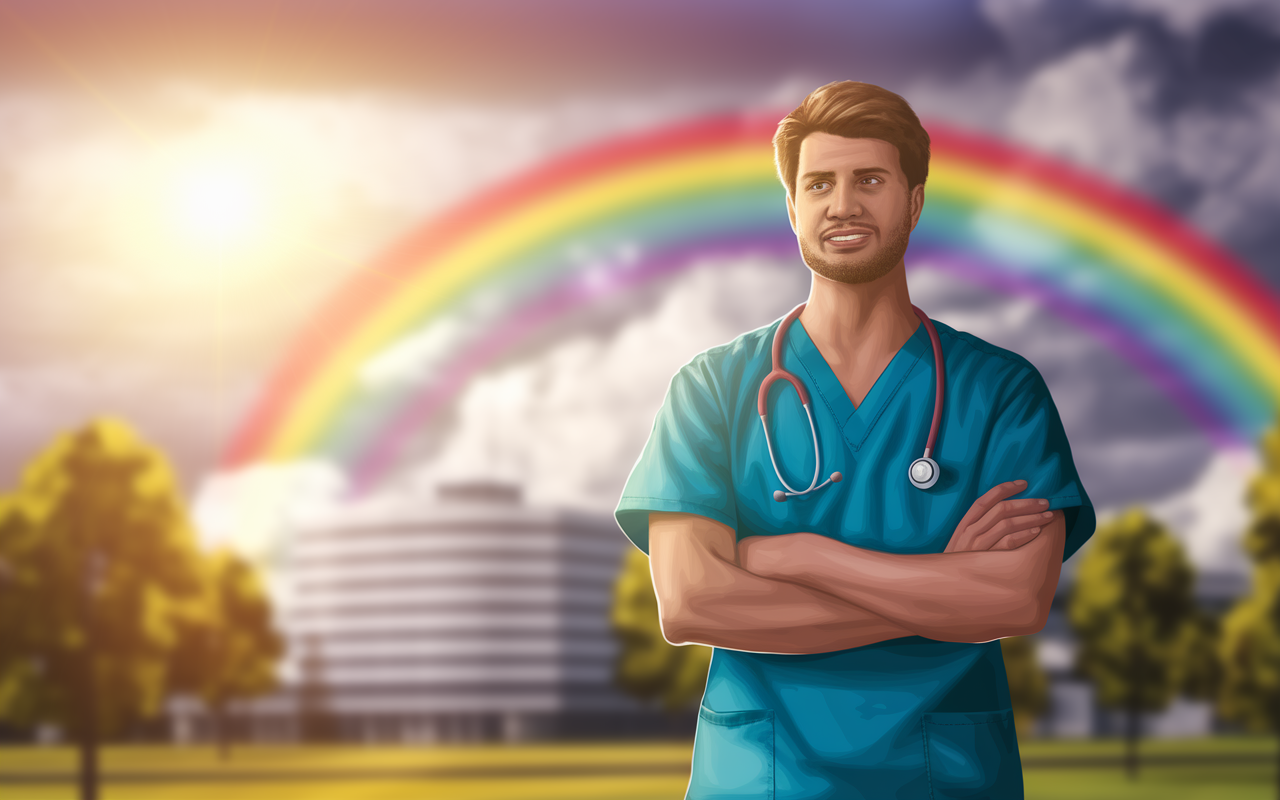 A determined medical student stands outdoors under a rainbow after a storm, symbolizing resilience after challenges. He’s dressed in scrubs with a stethoscope around his neck, looking up with hope and strength. The sun is breaking through clouds, casting a golden light on the scene, emphasizing themes of perseverance and adaptability in the medical field. The background includes blurred trees and a hospital building, evoking a sense of new beginnings and strong spirit. Charismatic digital art style with vibrant colors.