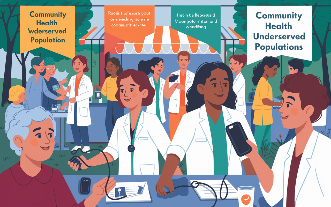 Scene depicting a group of medical students volunteering at a community health fair, assisting underserved populations. Bright, engaging atmosphere with banners about health and wellness, and students discussing health topics with local residents. The students are actively involved in checking blood pressure and providing health education. The colors are vibrant, filled with enthusiasm and determination to serve others. Digital illustration style capturing the spirit of community service.