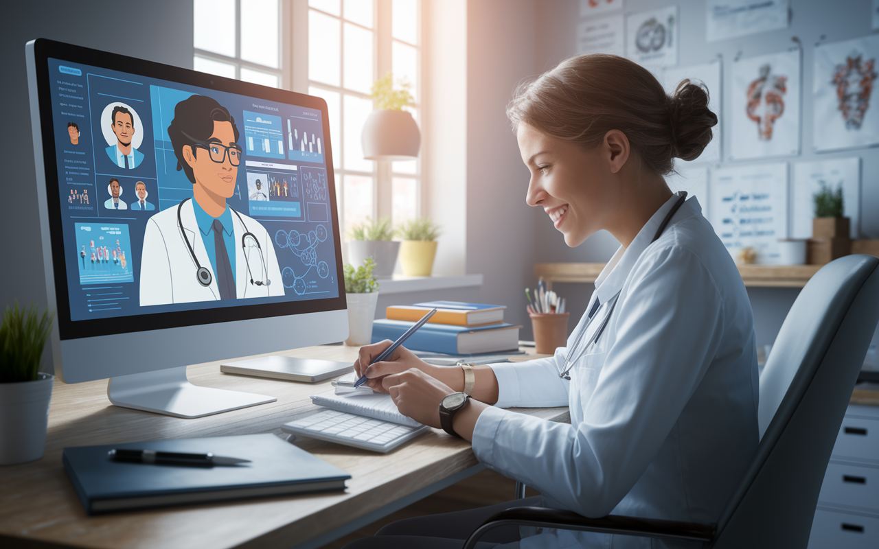 A medical student engaged in an animated online webinar, surrounded by educational materials and a bright workspace. Computer screen displays a digital conference with expert speakers and medical diagrams. The student is taking notes, immersed in learning, with a motivated expression. The room is well-lit, reflecting a modern educational setup. Creative style with a focus on technology in education.