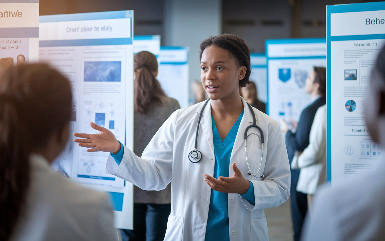 A focused medical student presenting her research findings at a conference, amidst a backdrop of engaging posters and attentive colleagues. The scene captures the excitement of medical discoveries, highlighting her confidence and enthusiasm as she shares insights with an audience. Soft lighting enhances the scholarly atmosphere while emphasizing the importance of research in the medical field. Vibrant, realistic style showcasing academic achievement.