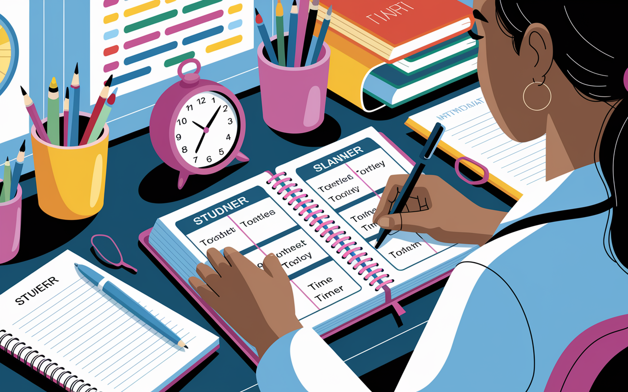 A well-organized study space with a medical student using a planner to allocate time for studying and personal activities. Color-coded schedules and a timer sit on the desk, reflecting a structured approach to time management. The room is bright and inviting, conveying a sense of motivation and focus. Digital art style emphasizing productivity and efficiency in a medical student's life.