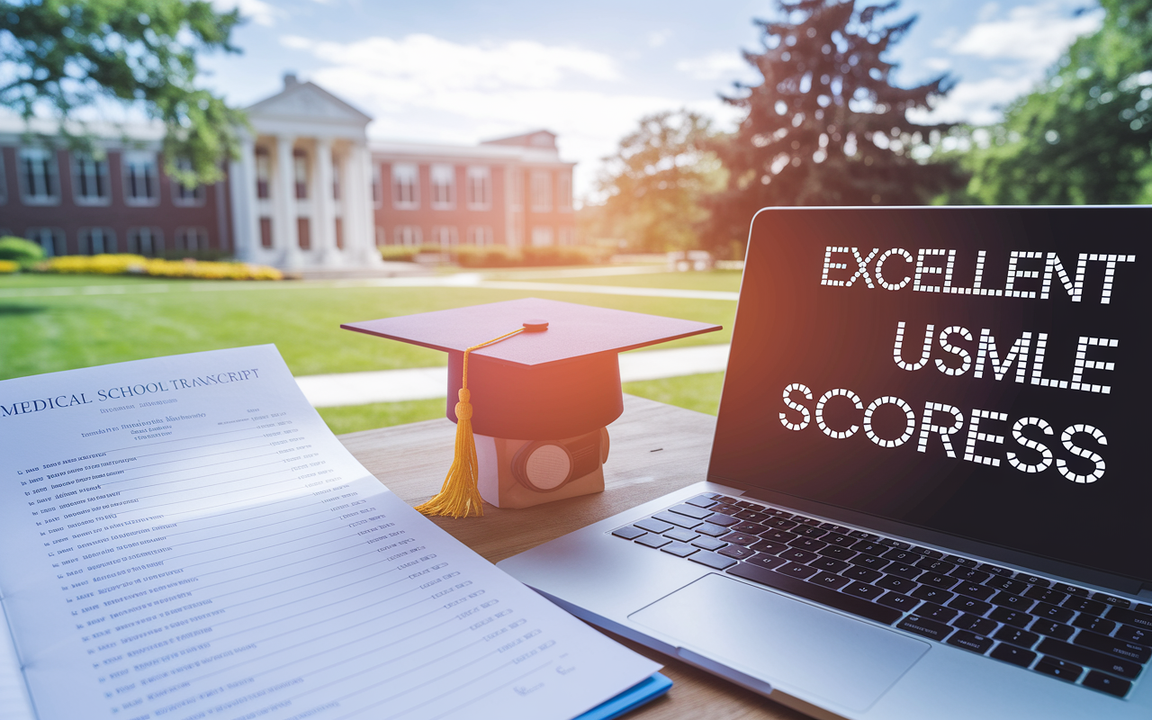 A vibrant scene featuring a close-up of an open medical school transcript with high grades highlighted, beside it a laptop displaying excellent USMLE scores, and a glowing graduation certificate. The backdrop shows a sunny college campus, representing academic success. Bright natural light illuminates the setting, reflecting optimism and the hard work behind the achievements.