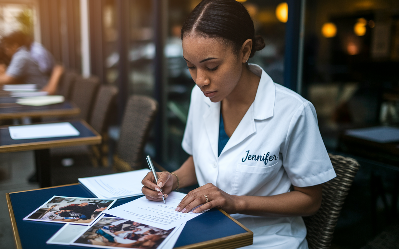 An intimate moment of a medical student named Jennifer, deeply focused while writing her personal statement at a small cafe table. She possesses a look of determination and passion as she types, surrounded by notes and photos from her medical mission trip, depicting her interactions with underserved communities. Warm, inviting lighting creates a sense of hope and personal reflection.