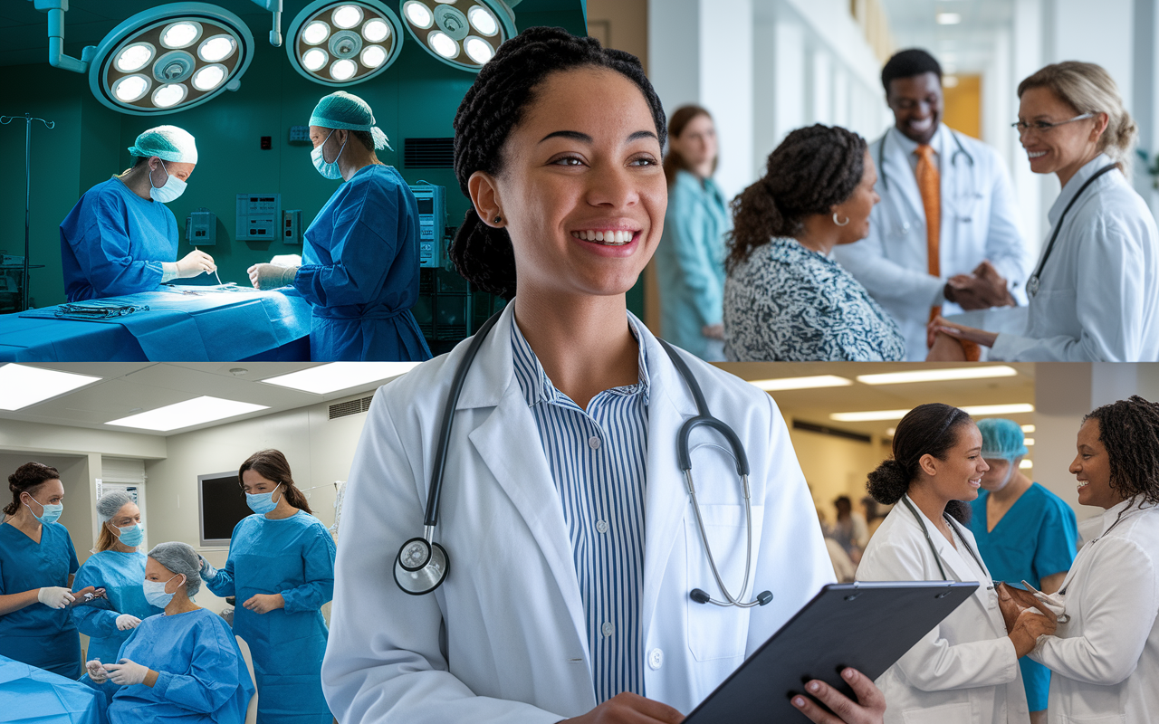 A dynamic scene capturing a medical student engaging in various clinical experiences: shadowing a surgeon in a bright operating room, interacting with patients in a busy clinic, and participating in a community health fair. The atmosphere is bustling and energetic, with medical staff collaborating and students observing. Bright surgical lights and diverse patient interactions set the context for hands-on learning.