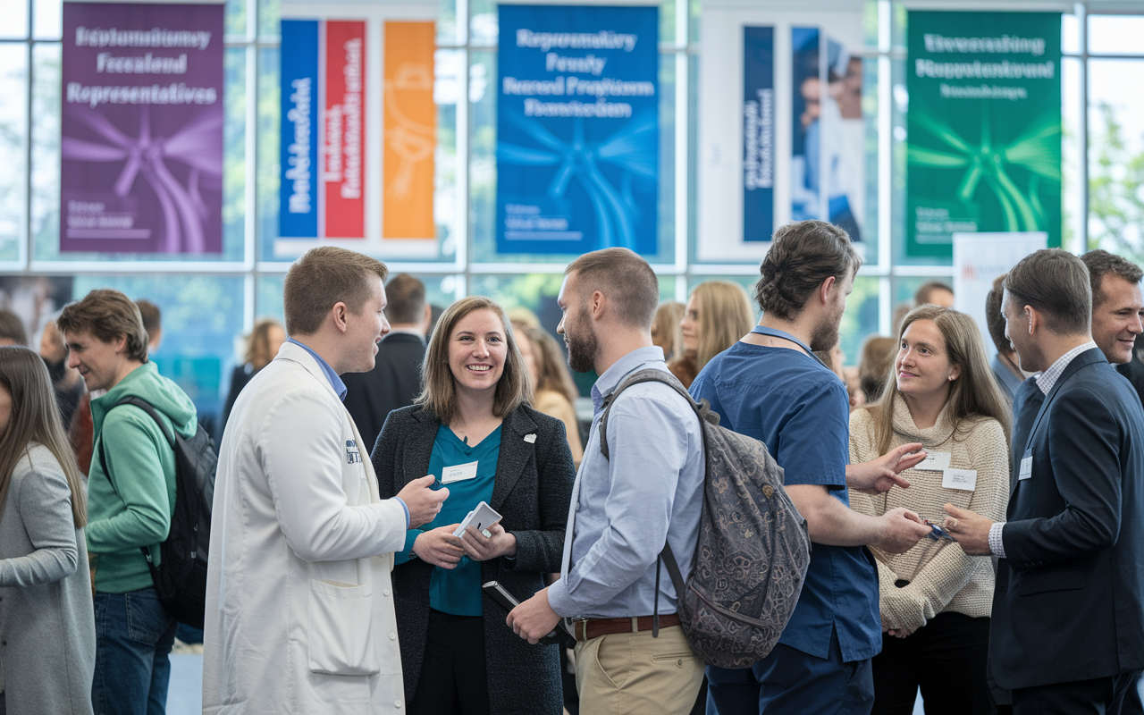 A lively scene at a residency fair showcasing medical students interacting with mentors, faculty, and residency program representatives. Banners displaying various specialties in the background. Attendees are engaged in conversations, exchanging contact information, and discussing career paths, with an ambiance of enthusiasm and opportunity conveyed through bright lighting and animated expressions.