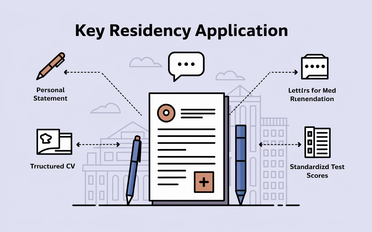 A visually engaging infographic displaying key components of a residency application. Icons representing each element: a pen and paper for the Personal Statement, a speech bubble for Letters of Recommendation, a structured CV, a transcript snippet, and standardized test scores. The backdrop is a subtle depiction of a medical school environment, enhancing the educational theme.