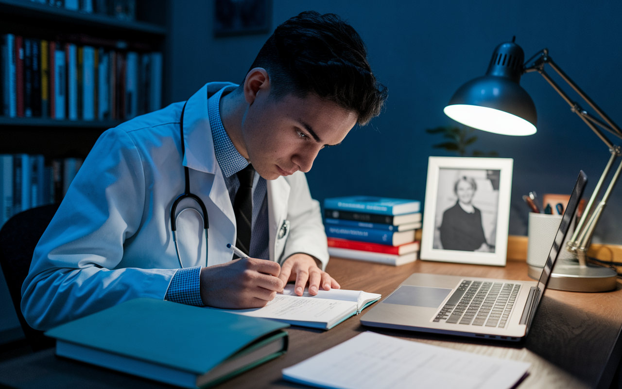 A med student intensely focused while writing a personal statement at a cozy desk, surrounded by books on medicine and a laptop glowing in the dim light. A framed photo of a mentor is visible in the background, suggesting inspiration. The atmosphere is one of concentration and hope, illuminated by a desk lamp that casts a warm glow over the scene.