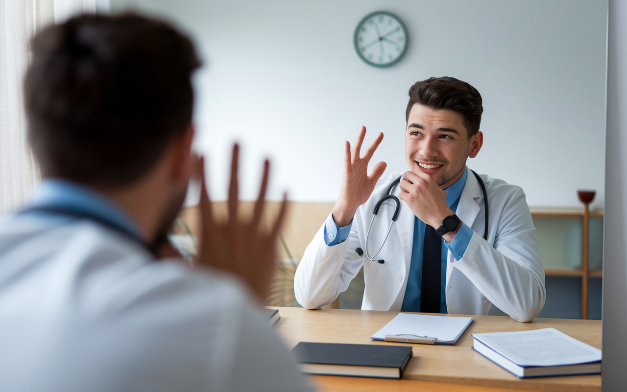 A confident medical student preparing for an interview in a well-lit room, practicing answers in front of a mirror. Dressed in formal attire, surrounded by notes and books, the atmosphere is tense yet hopeful, reflecting the importance of these crucial conversations. A wall clock indicates the time, emphasizing the countdown to the interview.