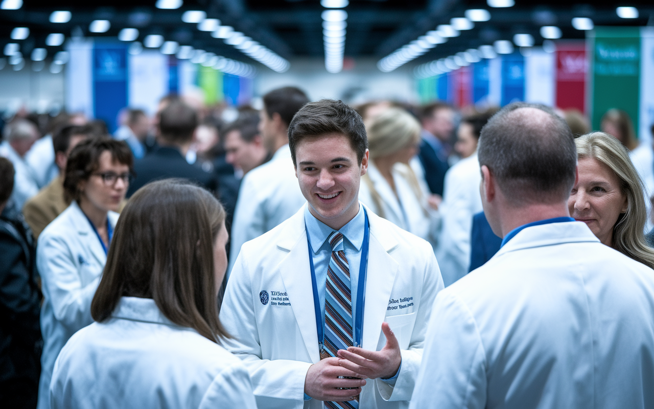 An engaged medical student networking at a bustling medical conference, surrounded by professionals in white coats. The atmosphere is energetic, with banners representing various organizations. In the foreground, our student converses with a mentor, showcasing enthusiasm and ambition. The lighting is bright, emphasizing the opportunities for connection.