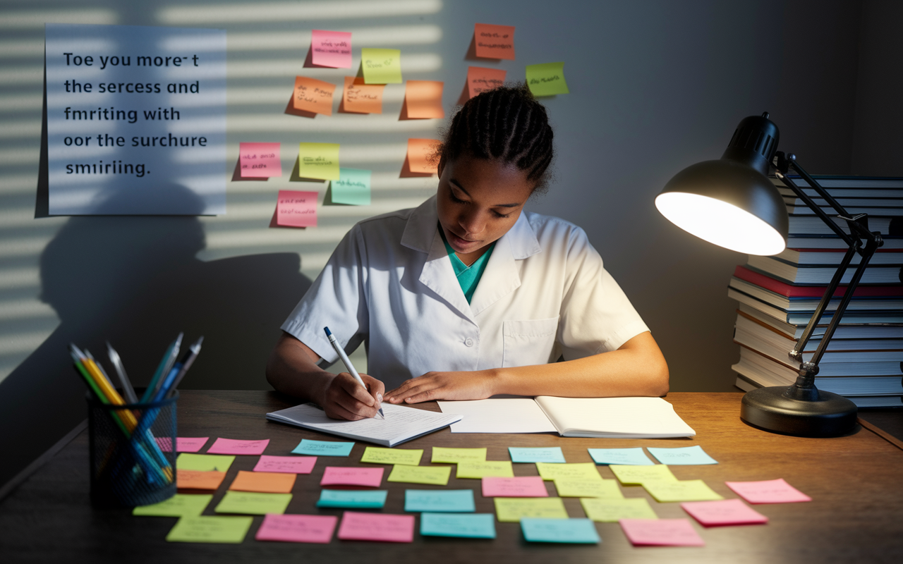 A medical student sitting at a wooden desk, handwriting notes for a personal statement, surrounded by an array of colorful sticky notes with ideas and thoughts. A motivational quote pinned on the wall, warm desk lamp illuminating the space, and a stack of medical textbooks in the background. The atmosphere is introspective and focused, as the student pours their heart into the writing process. Soft shadows add to the serene ambiance.