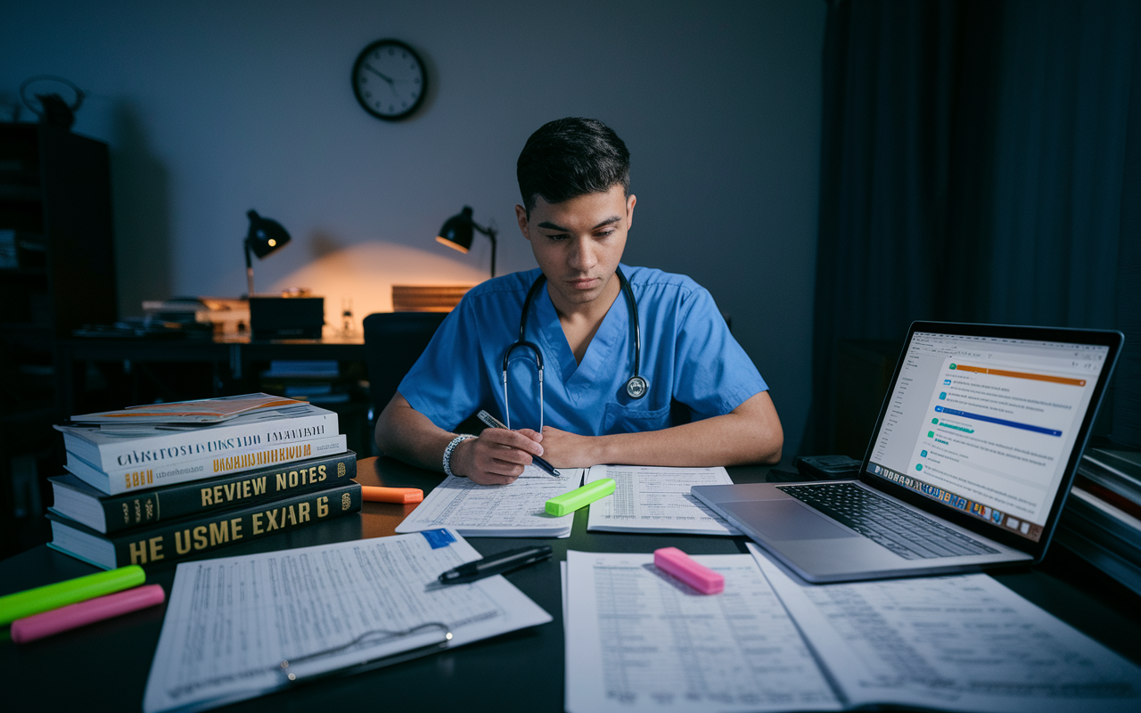 A focused medical student seated at a cluttered study table, surrounded by textbooks and review notes for the USMLE exam. The room has dim lighting, and a wall clock shows it's late at night. The student has a concentrated expression, surrounded by highlighters and practice test papers. A laptop screen displays an online question bank, with highlighted questions, capturing a moment of deep concentration and effort.