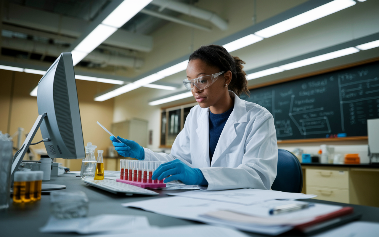 A medical student in a lab coat, working diligently in a research lab, reviewing data on a computer while analyzing samples in test tubes. The lab is filled with scientific equipment, papers, and a chalkboard with complex formulas. Bright fluorescent lights illuminate the space, creating an atmosphere of innovation and inquiry. The student looks determined and focused, embodying the spirit of scientific exploration.