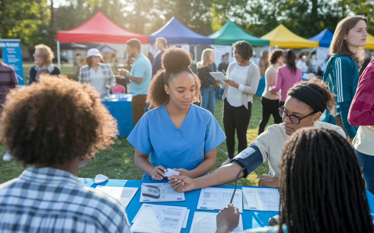 An engaging outdoor community health fair scene filled with volunteers from diverse backgrounds. In the center, a medical student in scrubs is measuring blood pressure of a community member, while another student shares health education materials at their booth. Colorful tents, informational banners, and community members are mingling, creating an atmosphere of warmth and support, all bathed in golden late afternoon sunlight. The expressions of the volunteers convey passion and dedication to community service.