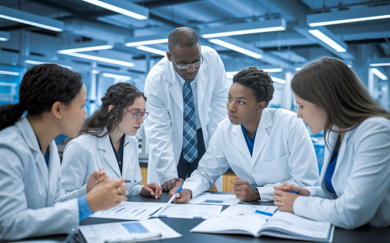 A focused medical research team of diverse students working together in a modern lab, analyzing data on computers and discussing their findings passionately. Papers and medical journals are strewn across the workspace, with laboratory equipment in the background. Bright overhead lights enhance the determination on their faces, symbolizing collaboration and dedication to advancing medical knowledge.