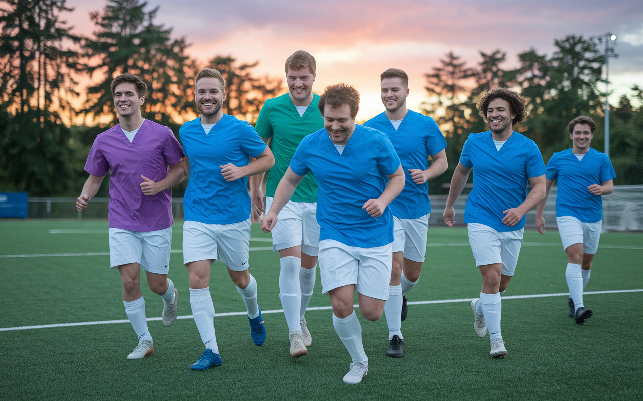 A lively scene of medical students participating in a friendly soccer game at a university sports field. The players, wearing university colors, are showing determination and teamwork, with smiles radiating joy and camaraderie. The background features trees and a setting sun, creating a vibrant atmosphere, representing balance in their demanding academic lives.