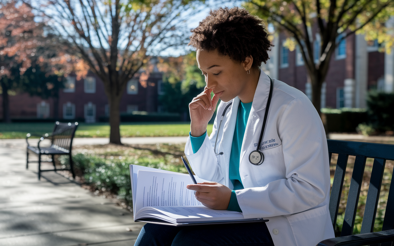 A contemplative medical student sitting on a bench at a university campus, looking through a portfolio of their extracurricular accomplishments. Surrounded by trees in fall, they hold a pen and notebook, reflecting deeply with an expression of determination. The sunlight casts gentle shadows, emphasizing the serenity of the moment as they consider their future in medicine.