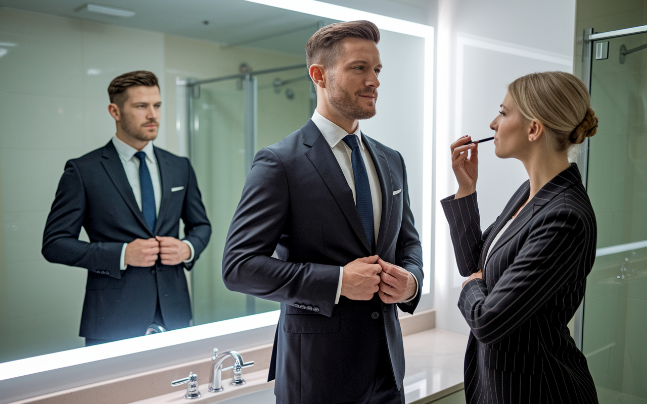 A well-dressed man in a dark suit with a tie standing confidently in front of a mirror, adjusting his tie, while a woman in a tailored blazer is finishing her makeup in the bathroom of a hospital, showcasing a bright and polished appearance. The mirror reflects the sleek interview attire while the bathroom has a modern, professional ambiance, with soft lighting emphasizing their preparation.