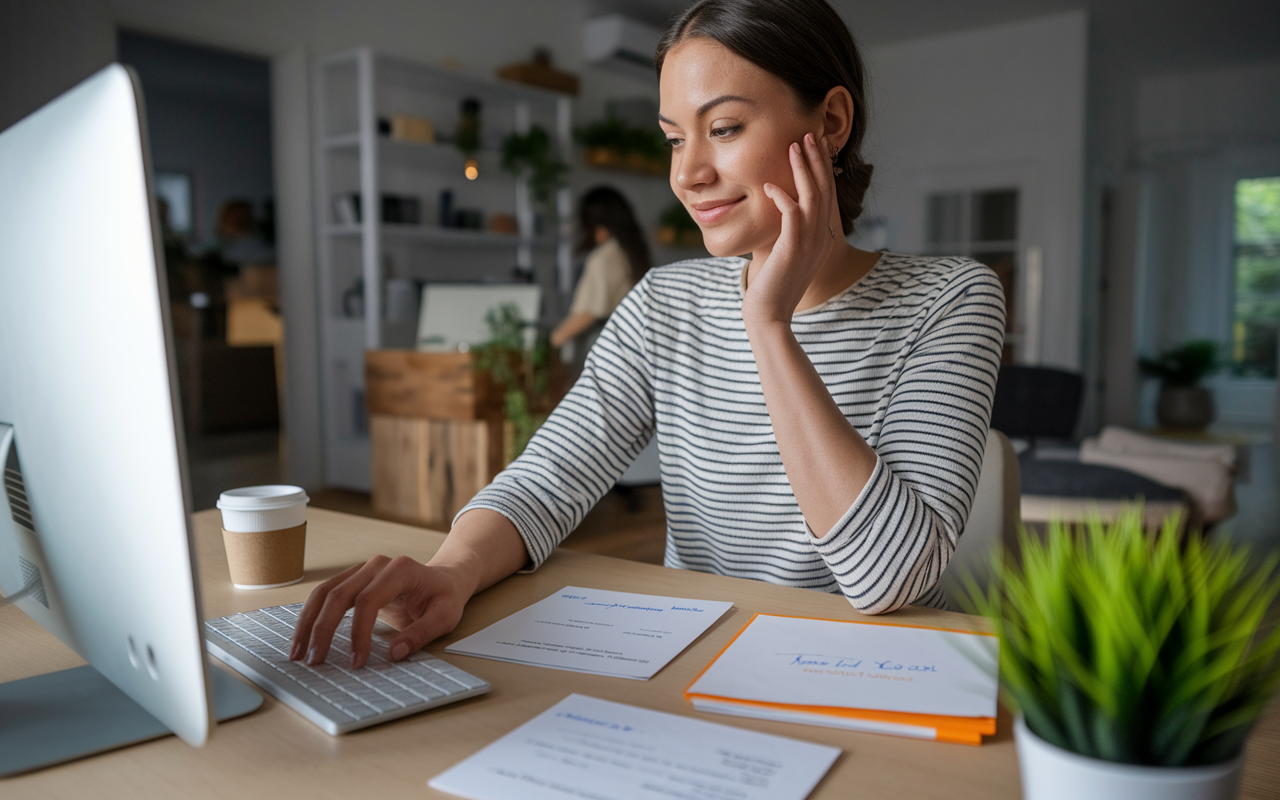 A young woman sitting at a desk in her home office, crafting a thoughtful thank-you email after her residency interview. The environment is cozy and inviting, with a computer and stationery spread out before her, including a cup of coffee and a small plant for a touch of warmth. The woman has an expression of focus and gratitude, highlighting the importance of post-interview etiquette.