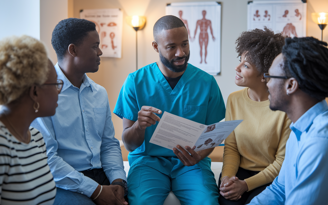 A clinical setting where a compassionate medical researcher in scrubs interacts with diverse patients discussing participation in a clinical trial. The researcher is pointing at a detailed informational brochure while patients listen attentively, showcasing a collaborative atmosphere. The environment is a well-lit doctor's office with medical charts and diagrams on the walls, creating a sense of professionalism and care, while warm lighting adds a comforting touch.