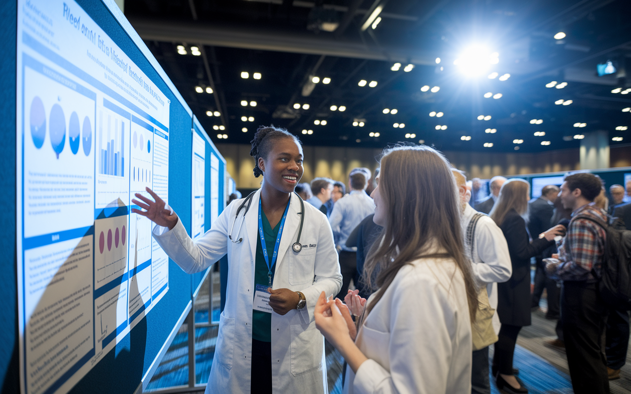 An enthusiastic medical student standing beside a research poster at a bustling medical conference, explaining their findings to a small group of interested attendees. The poster, filled with graphics and data, captures the attention of passersby. Bright conference lights illuminate the event, which is filled with fellow researchers mingling, discussing their projects, and networking, creating a vibrant atmosphere of knowledge sharing and innovation.