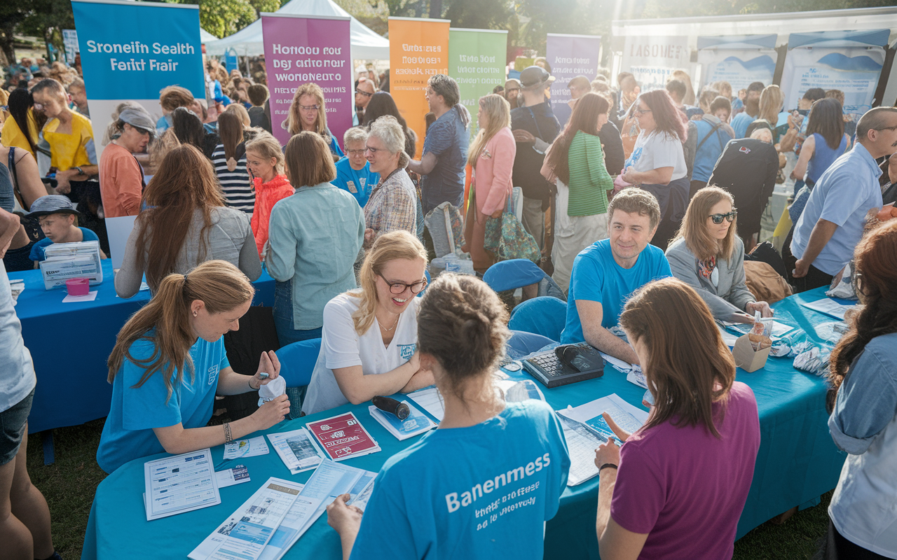 A vibrant community health fair scene with volunteers eagerly engaging with visitors. Various booths are set up, with volunteers checking blood pressure, distributing educational pamphlets, and providing consultation. A diverse crowd of families and individuals interact, showcasing a lively atmosphere filled with enthusiasm and health awareness. Sunlight bathes the scene, creating an inviting environment. Colorful banners display health messages, and volunteers wear matching T-shirts, symbolizing teamwork and community service.