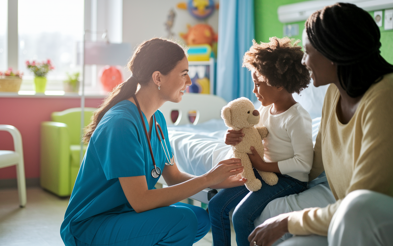 A compassionate medical student in scrubs, kneeling beside a hospital bed, engaging warmly with a young child holding a stuffed animal. The room is brightly colored with cheerful decorations and toys, creating a comforting environment for children. The student, with a focused and empathetic expression, listens attentively to the child's concerns while the parent looks on gratefully. Soft sunlight streams through the window, enhancing the atmosphere of care and compassion.