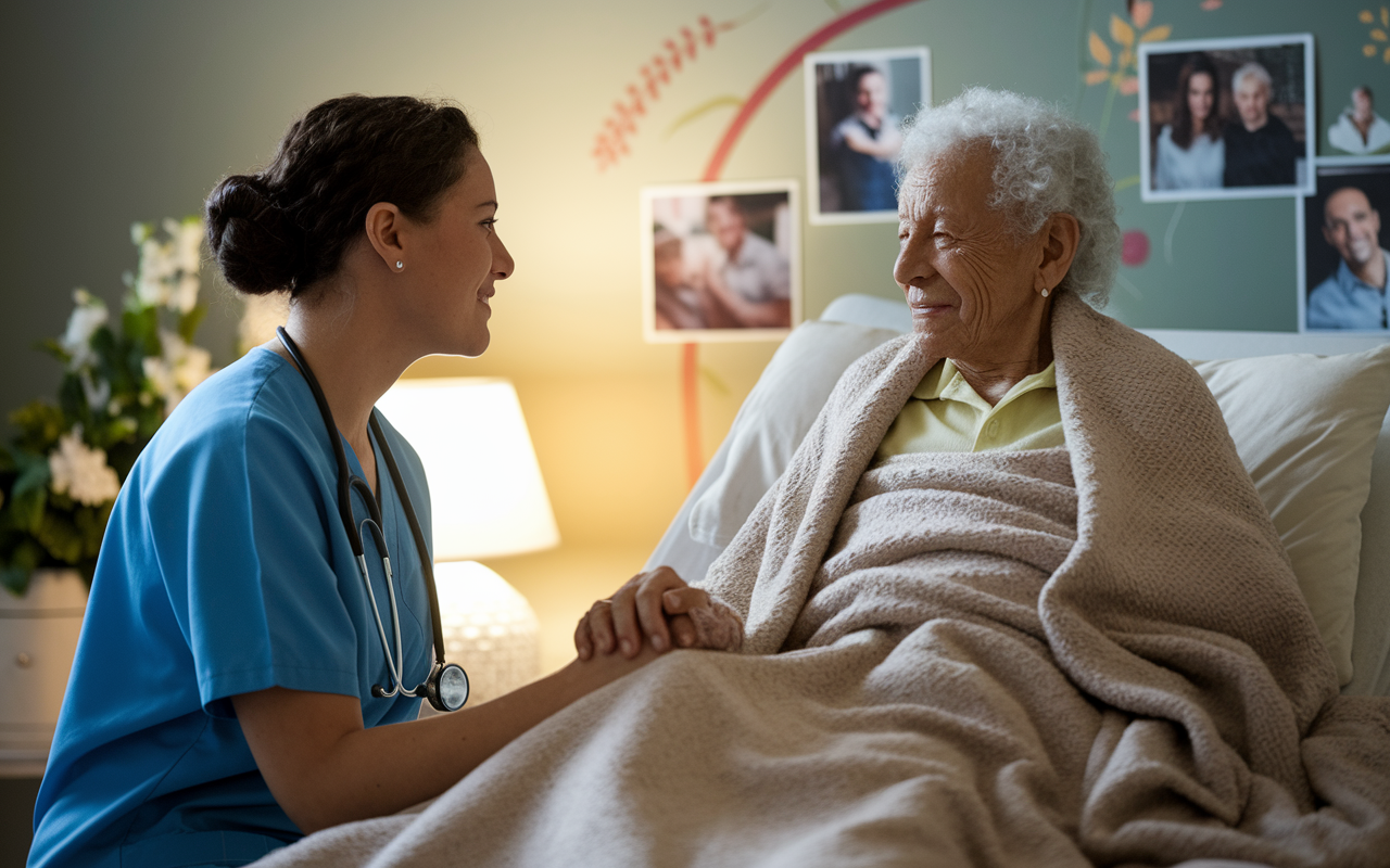 A nursing volunteer sitting with an elderly patient in a softly lit hospice room, holding the patient’s hand and listening intently. The patient, wrapped in a warm blanket, exudes a peaceful demeanor amid the emotional weight of the moment. The background features gentle floral decor and family photographs, creating a serene environment. The soft glow of a bedside lamp adds an intimate touch, emphasizing the deep connection and compassion shared between the volunteer and the patient.