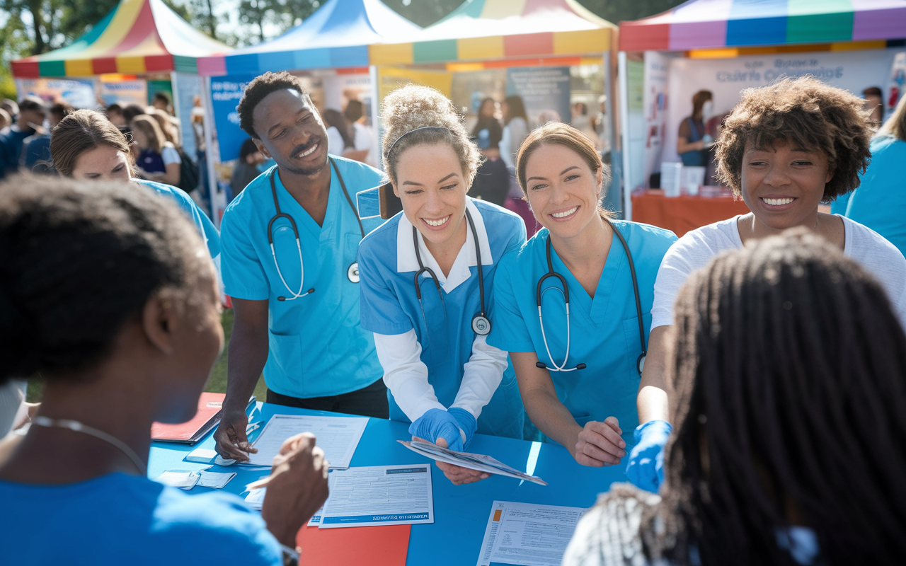 A dynamic team of healthcare volunteers collaborating at a bustling community health fair. They are seen assessing patient needs, sharing information, and distributing health materials, all while displaying a sense of camaraderie and purpose. Colorful booths are set up around them, reflecting diversity and inclusiveness. The sun shines brightly, and the energy of teamwork is palpable, with volunteers smiling and engaging warmly with the community.