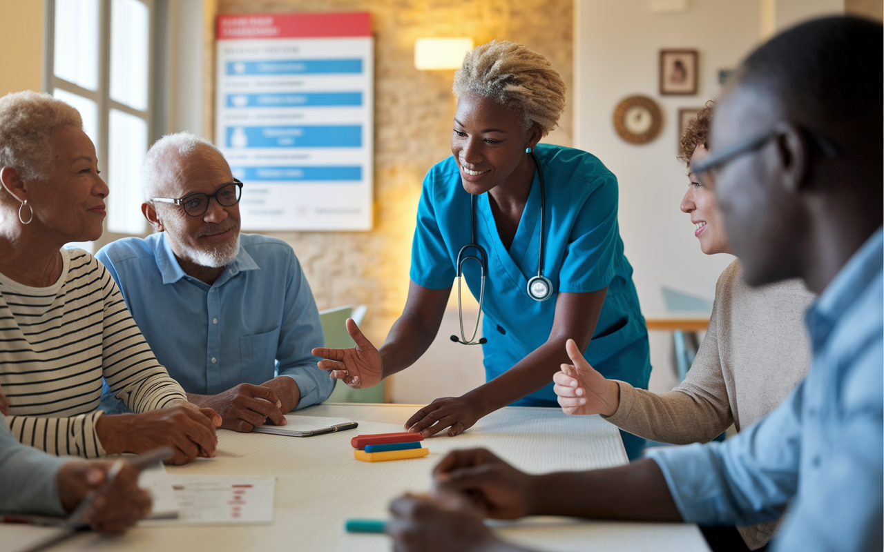 A dedicated healthcare volunteer in a community clinic setting, engaging with patients in an educational workshop. The volunteer is demonstrating an exercise or health technique using visual aids. Patients of various ages are seated, attentively participating and asking questions. A sense of community surrounds them, with warm lighting creating an inviting atmosphere. The wall poster features health tips, underlining the importance of education in healthcare.