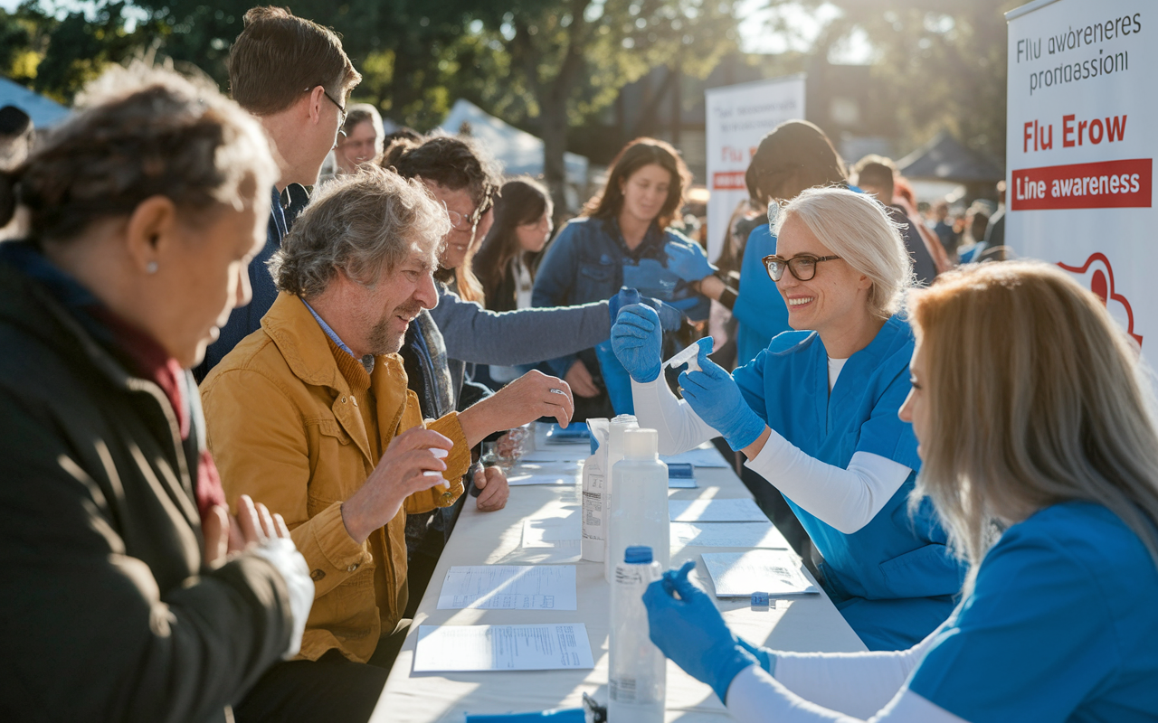 A lively scene of volunteers administering flu vaccinations at a community event. People of various ages line up, with volunteers checking forms and providing reassurance. Banners promote flu awareness, and a cheerful atmosphere prevails. The warm sunlight casts a friendly glow as volunteers display professionalism coupled with compassion. Scene conveys a strong sense of community health engagement.